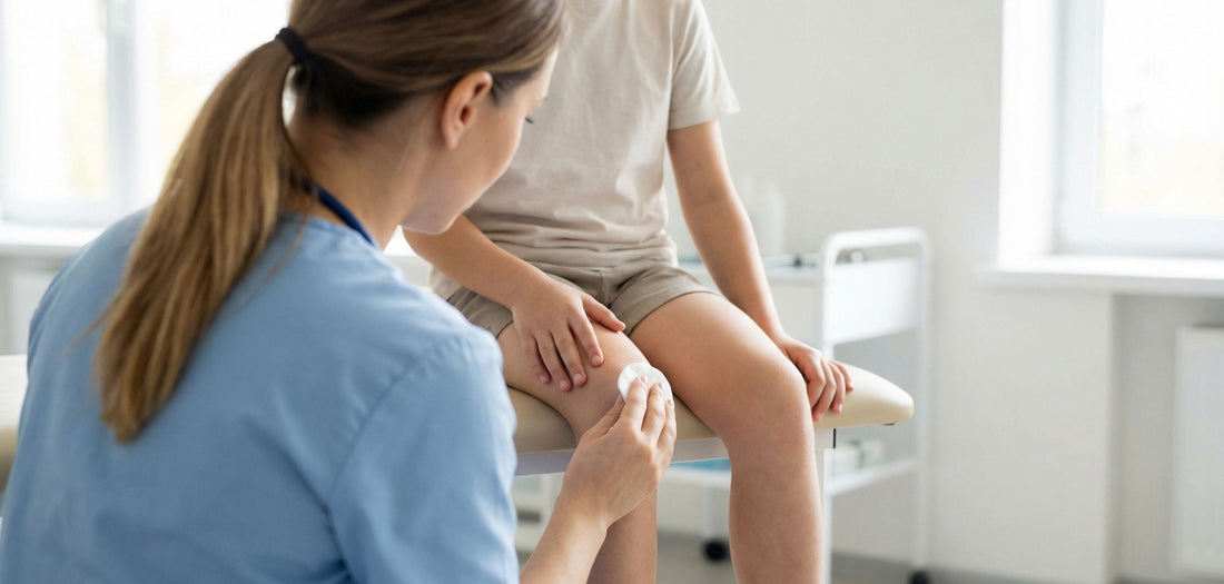 Infirmière nettoyant le genou d'un enfant dans un cabinet médical, hygiène santé