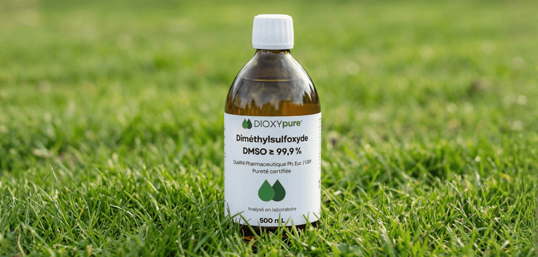 Flacon de Diméthylsulfoxyde DMSO 99,9% 500mL posé sur l'herbe, étiquette visible.