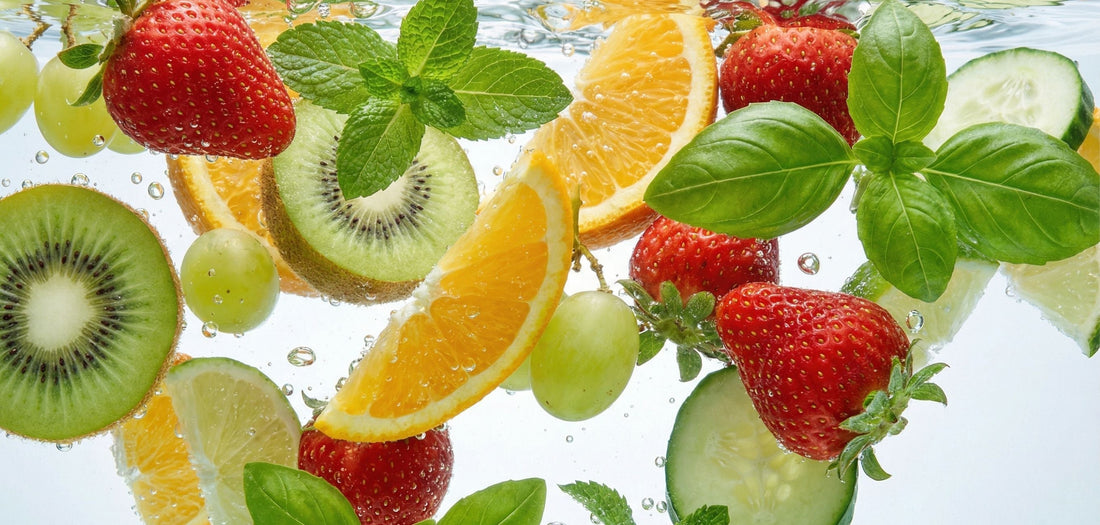 Fruits frais et herbes, comme fraises, kiwi, orangés et menthe, flottant dans l’eau.