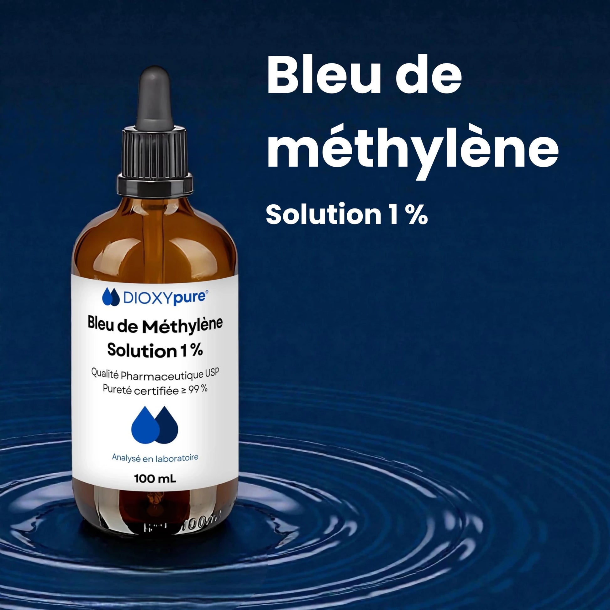 Flacon compte-gouttes de bleu de méthylène 1% pureté 99% sur fond bleu.