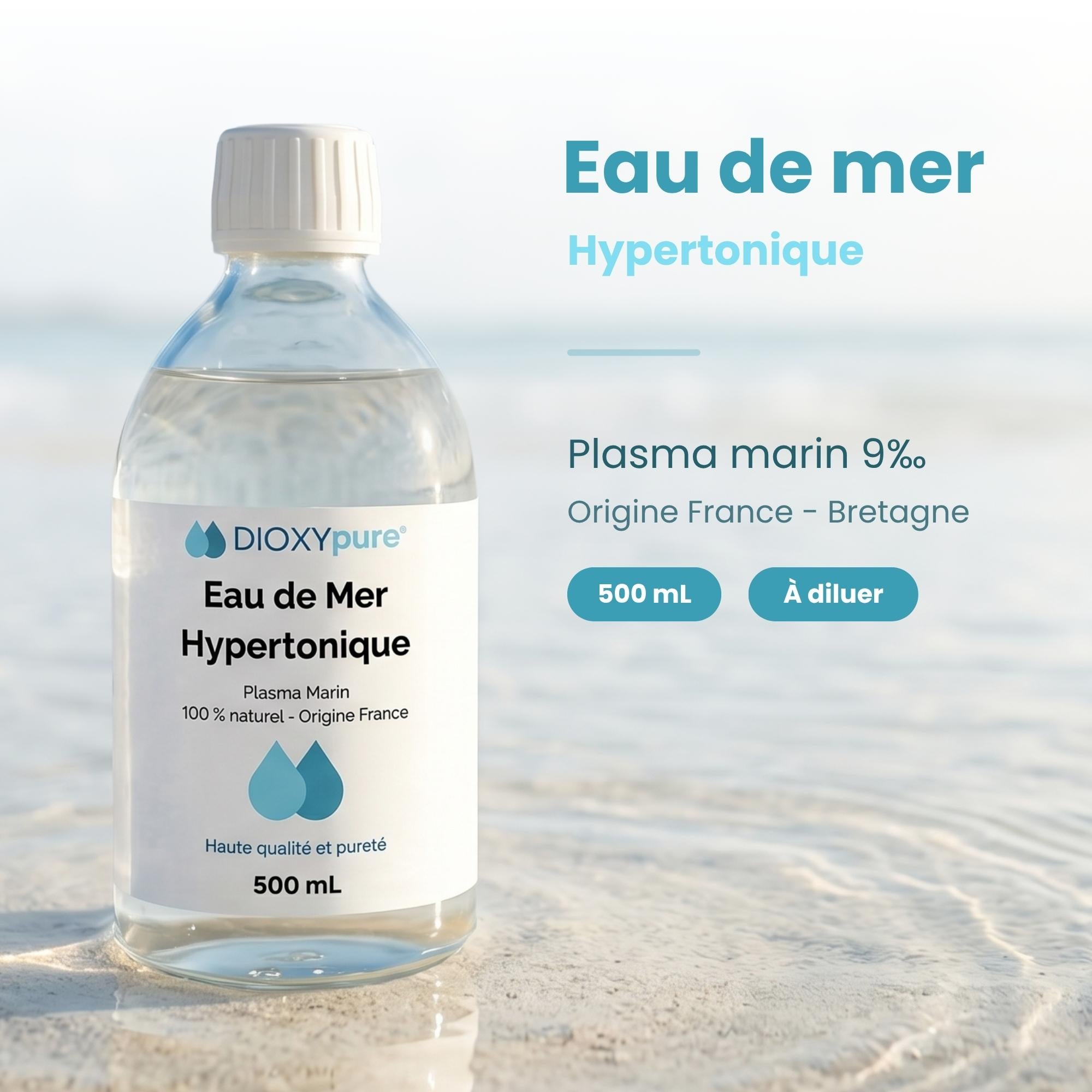 Eau de Mer Hypertonique – Plasma Marin 34‰ – Buvable - Origine France Bretagne - 500 mL