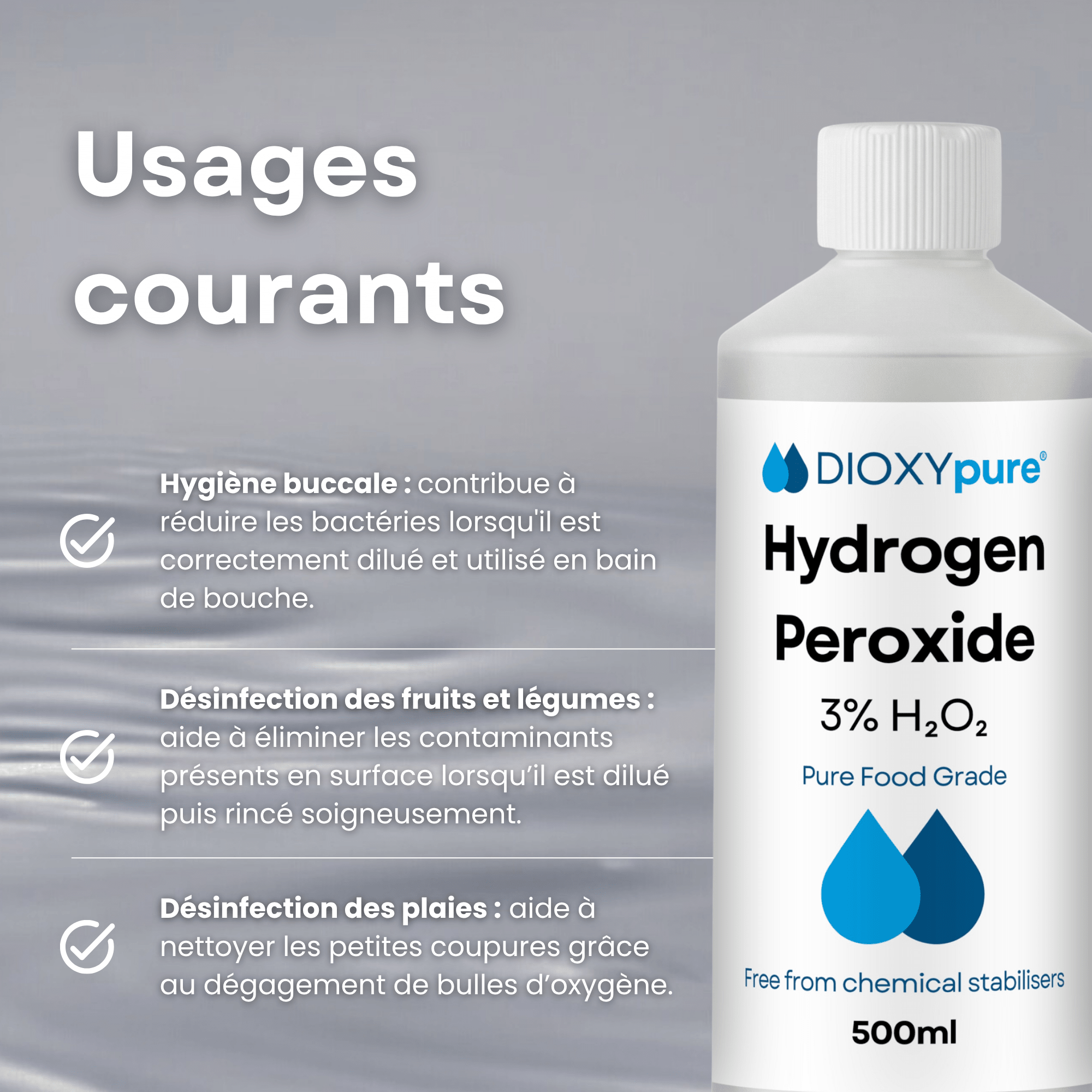Peroxyde d'hydrogène de qualité alimentaire 3% - 500 mL