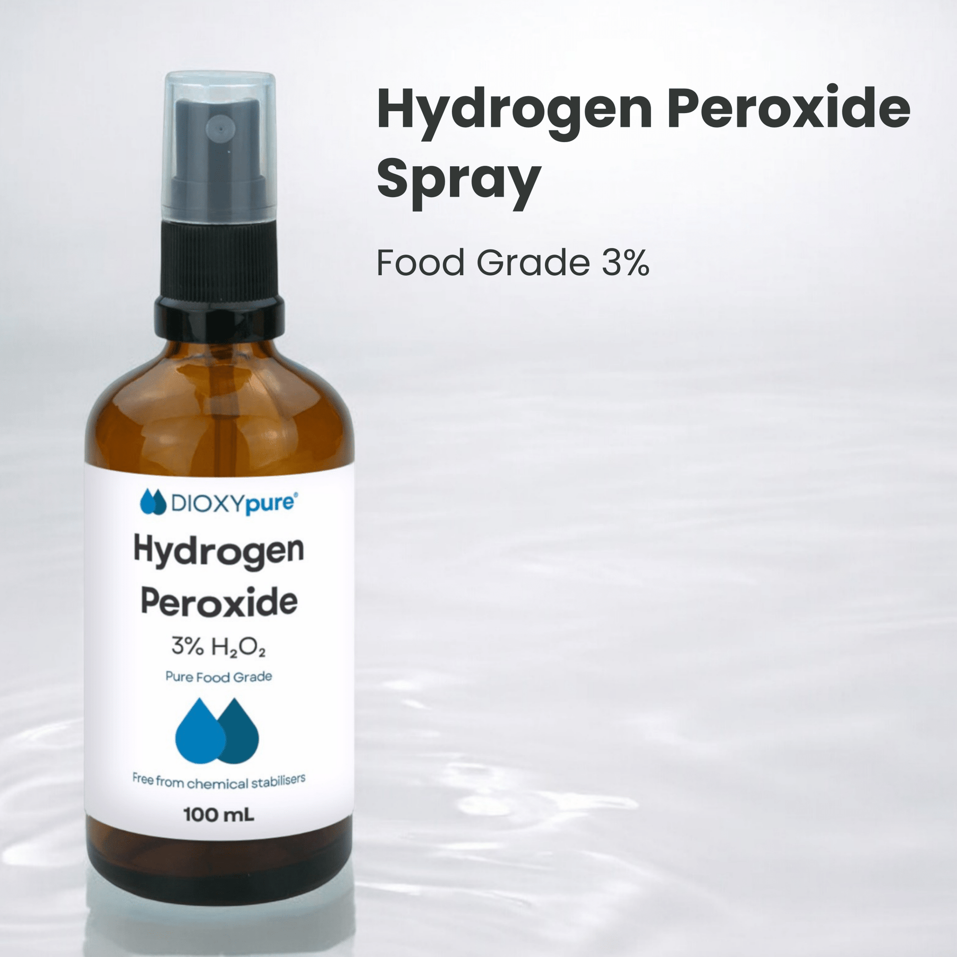 Spray de peroxyde d’hydrogène 3% qualité alimentaire 100 ml, flacon brun sur fond clair