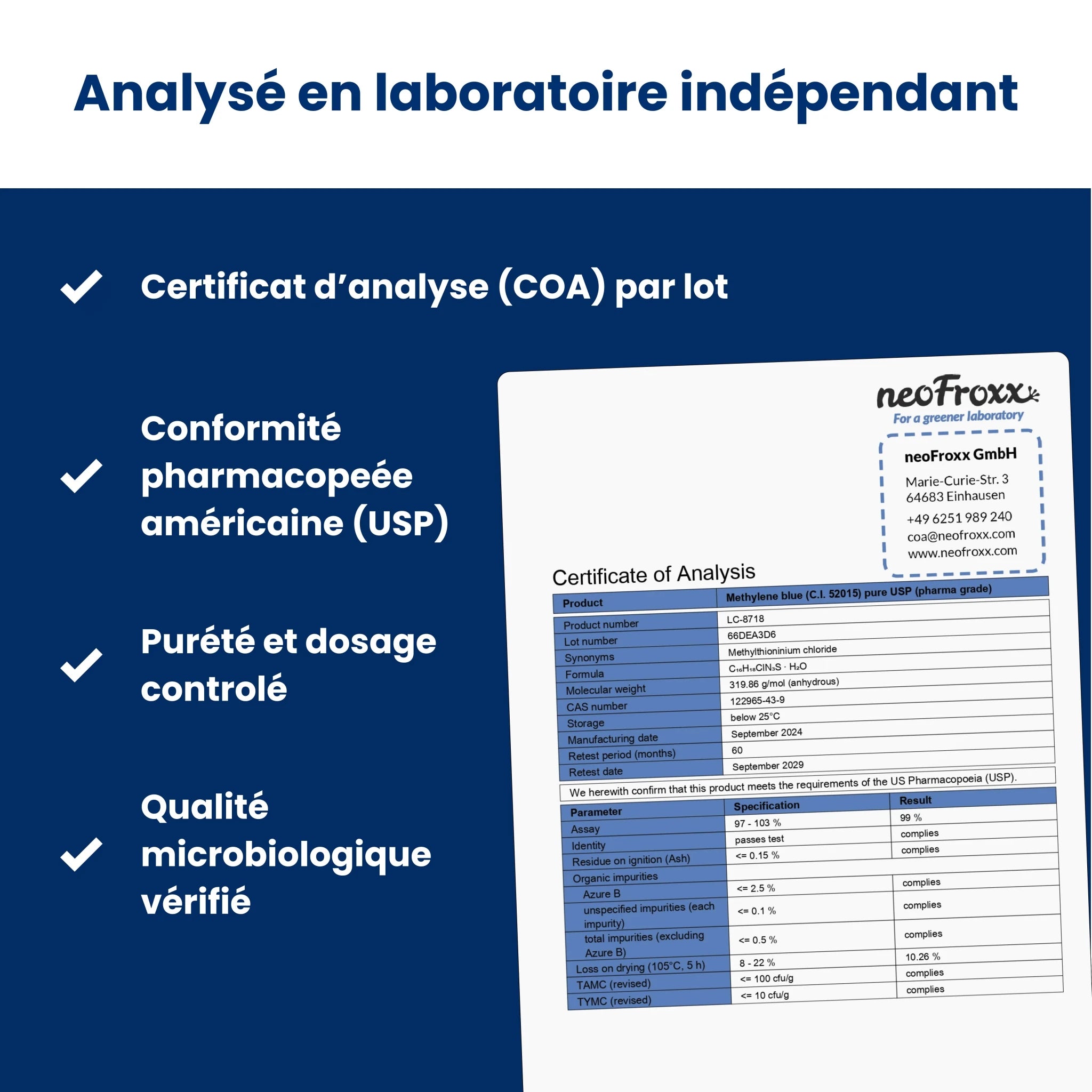 Présentation d’un certificat d’analyse en laboratoire indépendant pour produits d’hygiène santé, conformité USP, pureté et contrôle microbiologique.