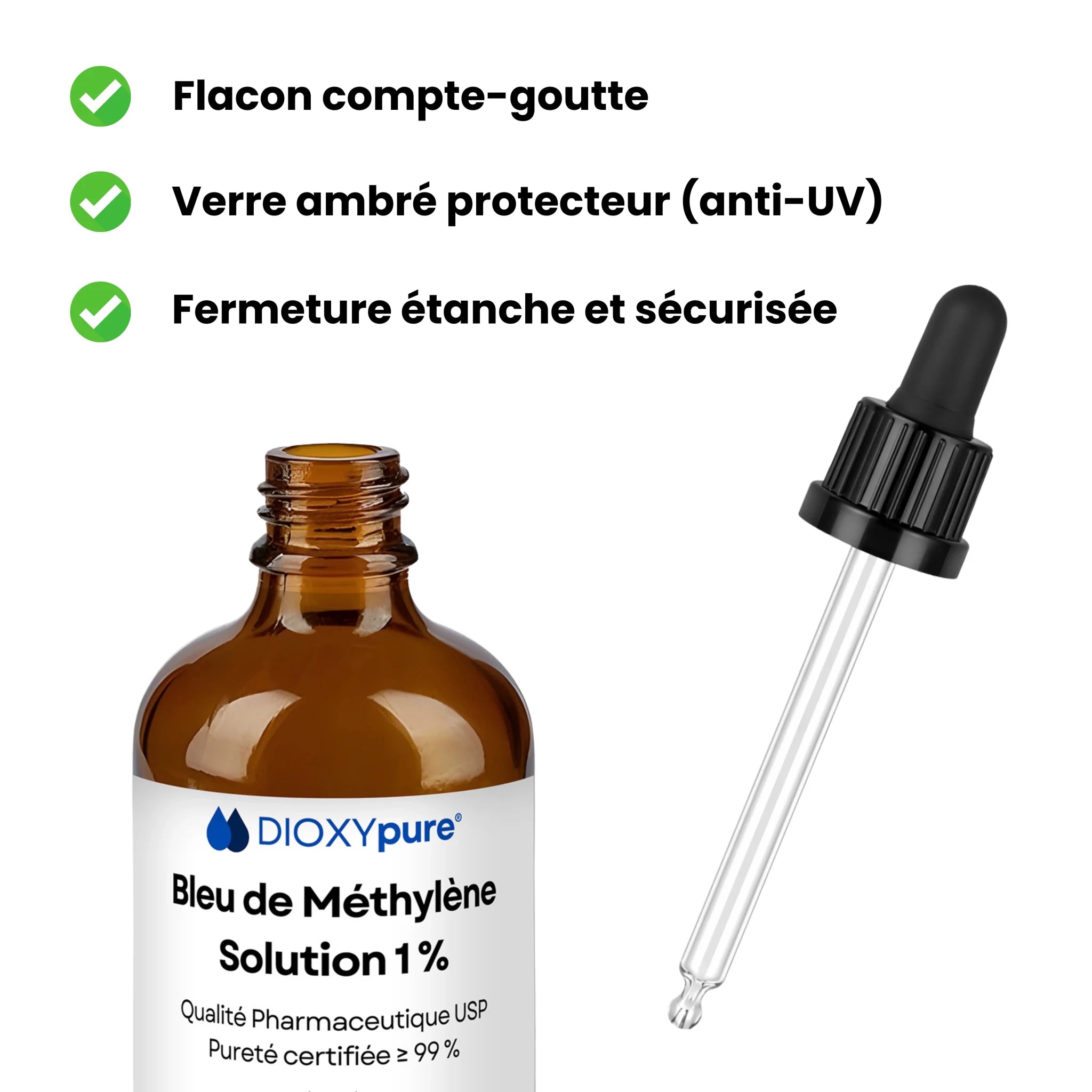 Flacon compte-goutte en verre ambré avec pipette, solution de bleu de méthylène 1%.
