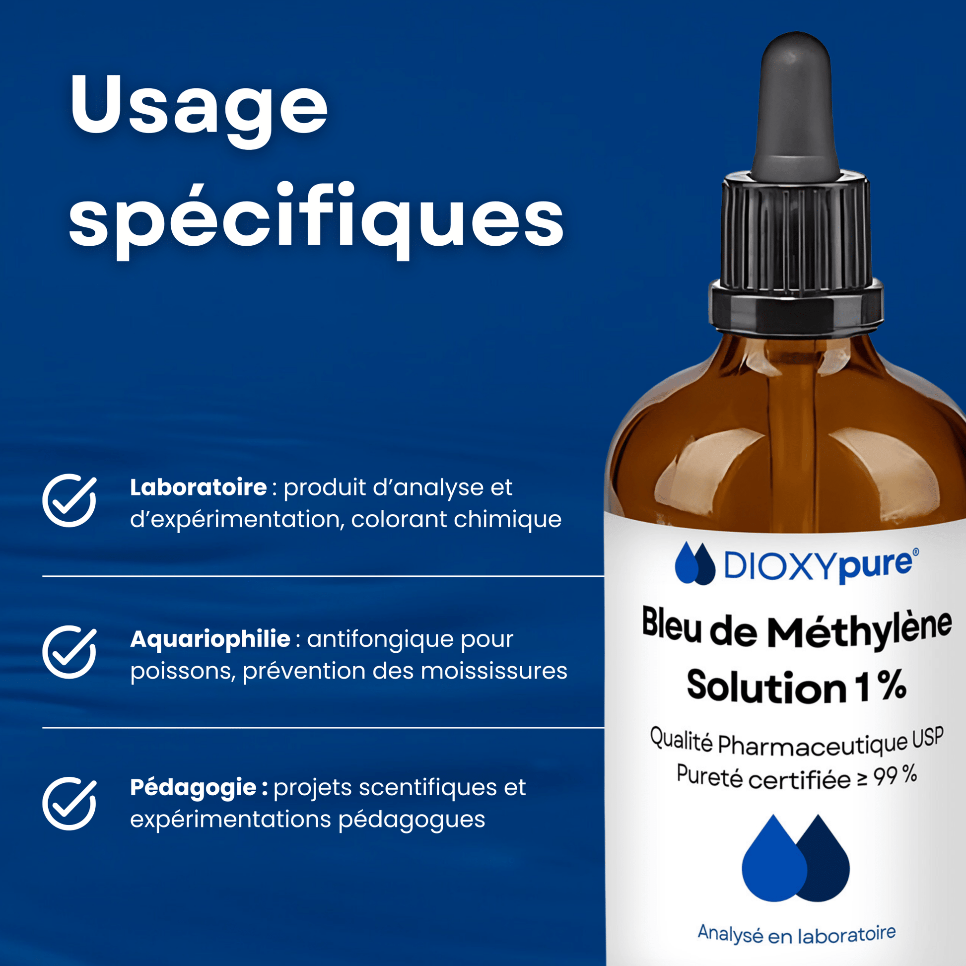 Flacon de bleu de méthylène 1 %, solution pour laboratoire, aquariophilie et pédagogie.