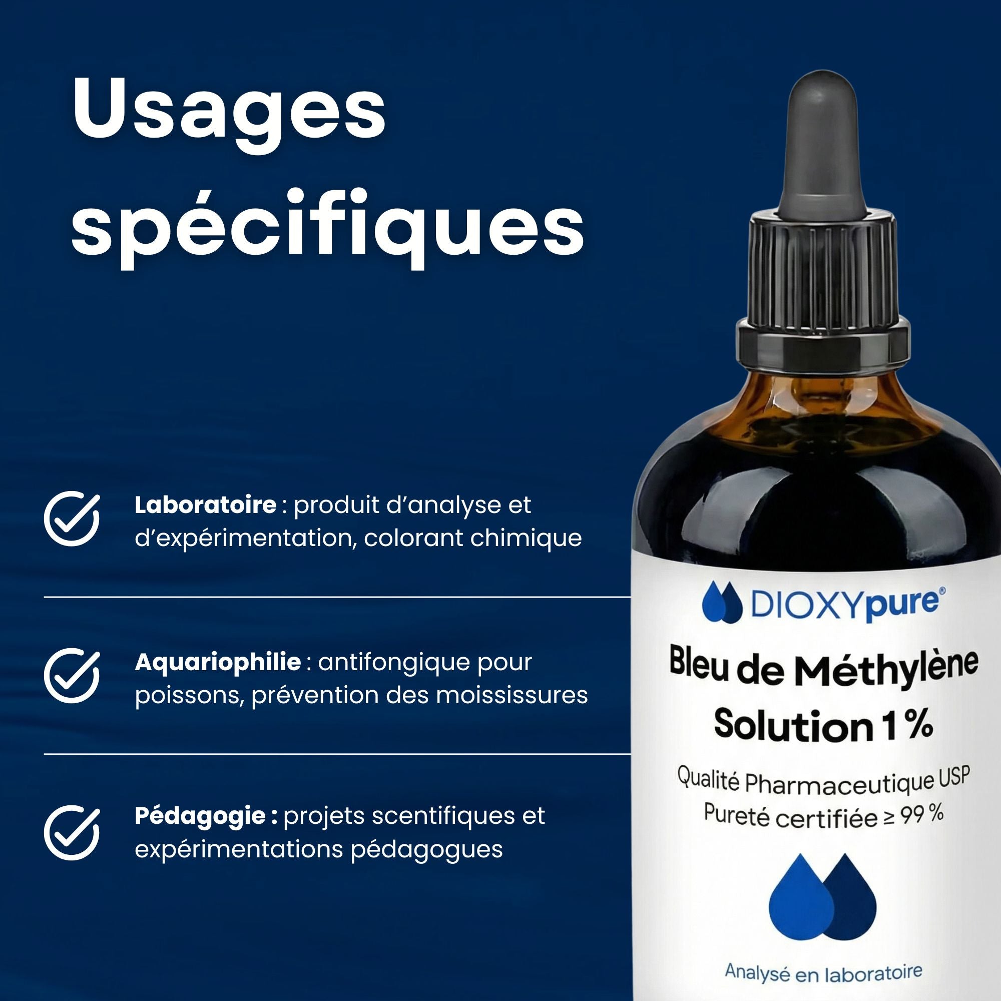 Bleu de Méthylène 1 % – Qualité Pharmaceutique USP – Pureté certifiée ≥ 99 % – 100 mL