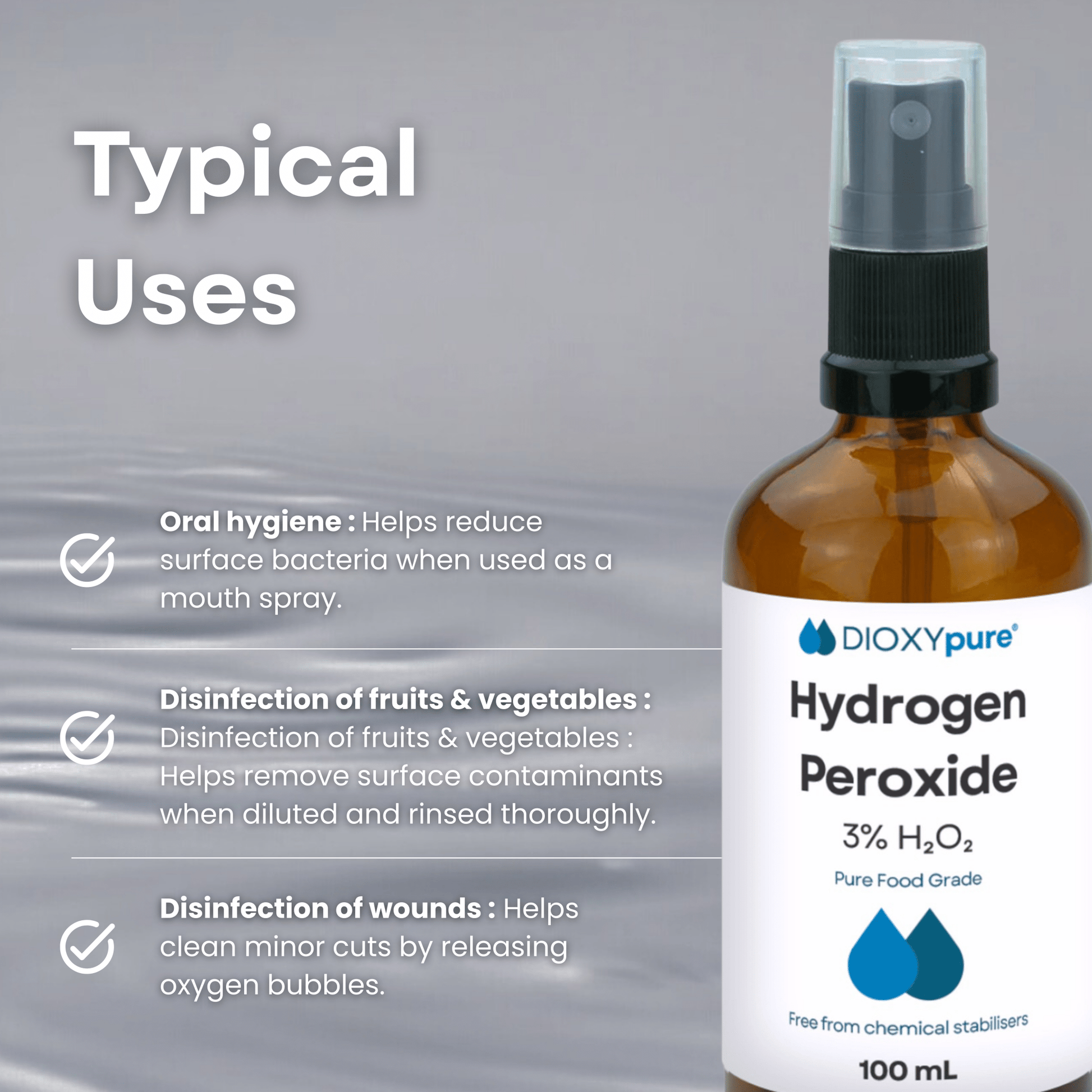 Spray de peroxyde d’hydrogène 3% pour hygiène orale, fruits, légumes et plaies, 100ml