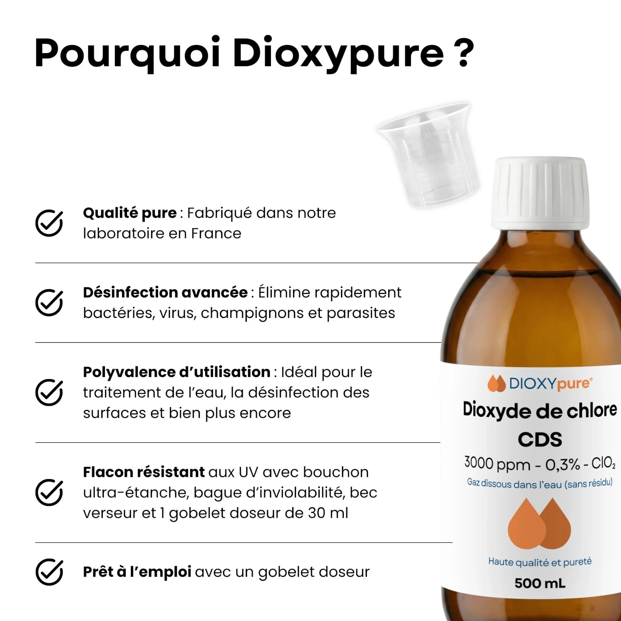 Solution de Dioxyde de Chlore - CDS - 3000 ppm - Sans résidu - 500 mL