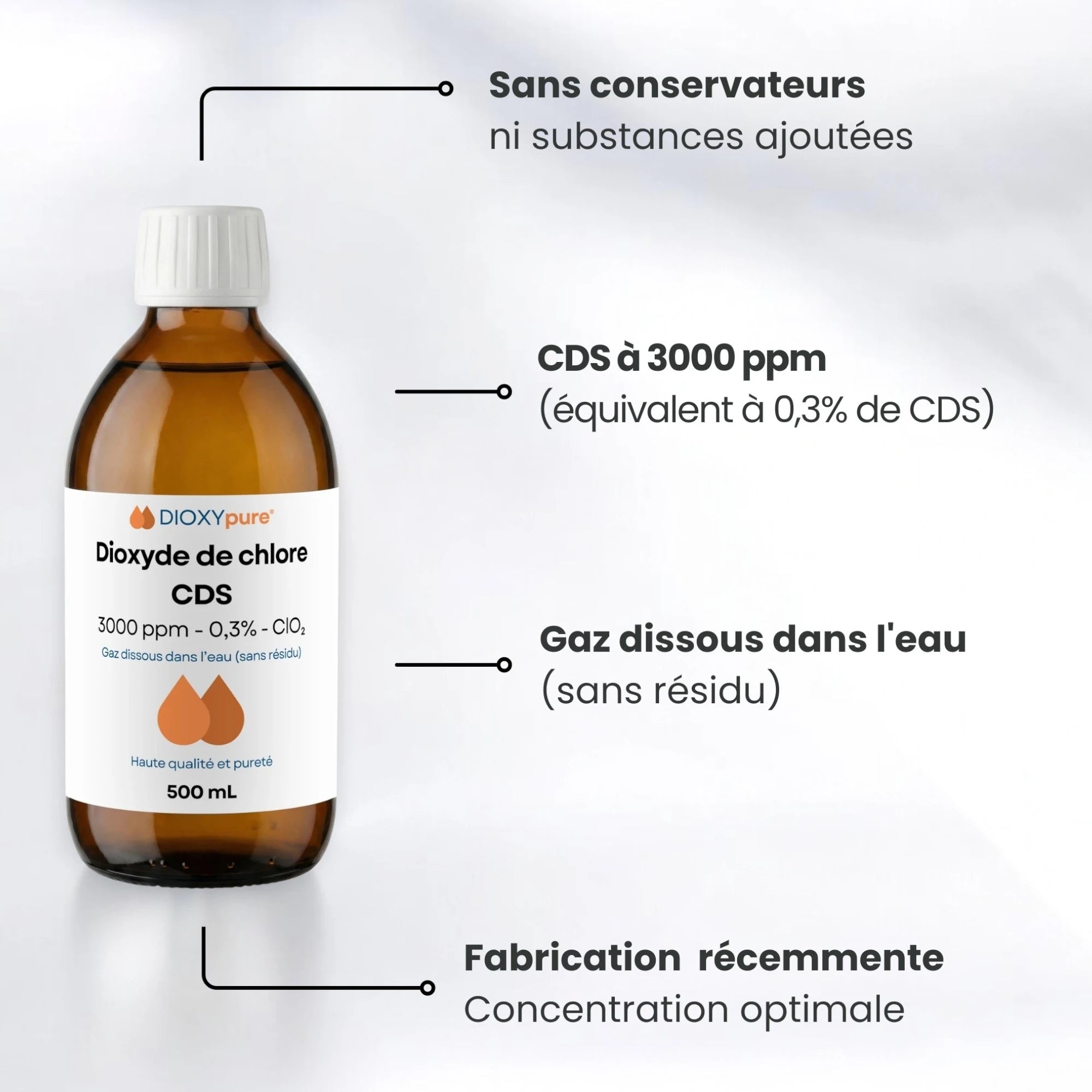 Solution de Dioxyde de Chlore - CDS - 3000 ppm - Sans résidu - 500 mL